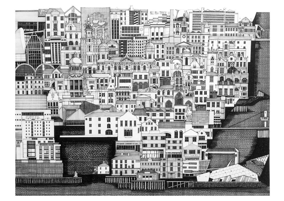 Nick Coupland, Hyper-realistic detailed pen and ink illustrated map of city of Hull. Hyper realistic detail.  